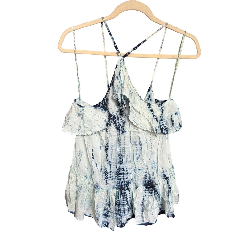 Free People Tie Dye Alligator Tank Blue Beaded Ruffle‎ Peplum XS - Picture 2 of 12